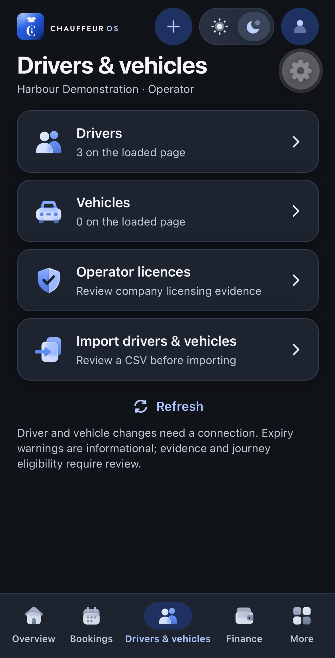 Actual Chauffeur OS Drivers and vehicles screen in dark appearance, showing the Harbour Demonstration company, drivers, vehicles, operator licences and reviewed imports.