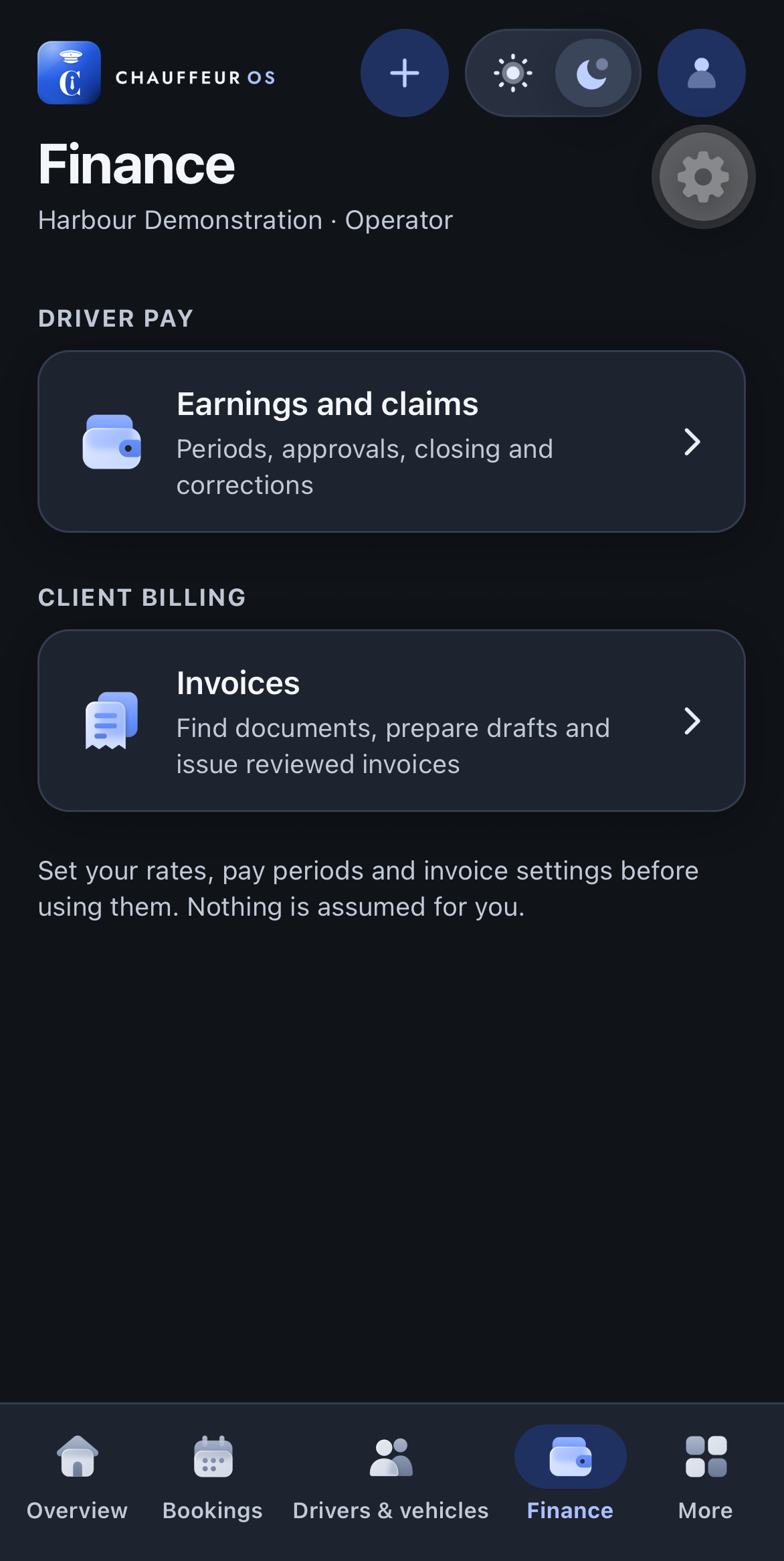 Actual app Finance screen with earnings and claims, invoices, and a reminder to configure rates and settings.
