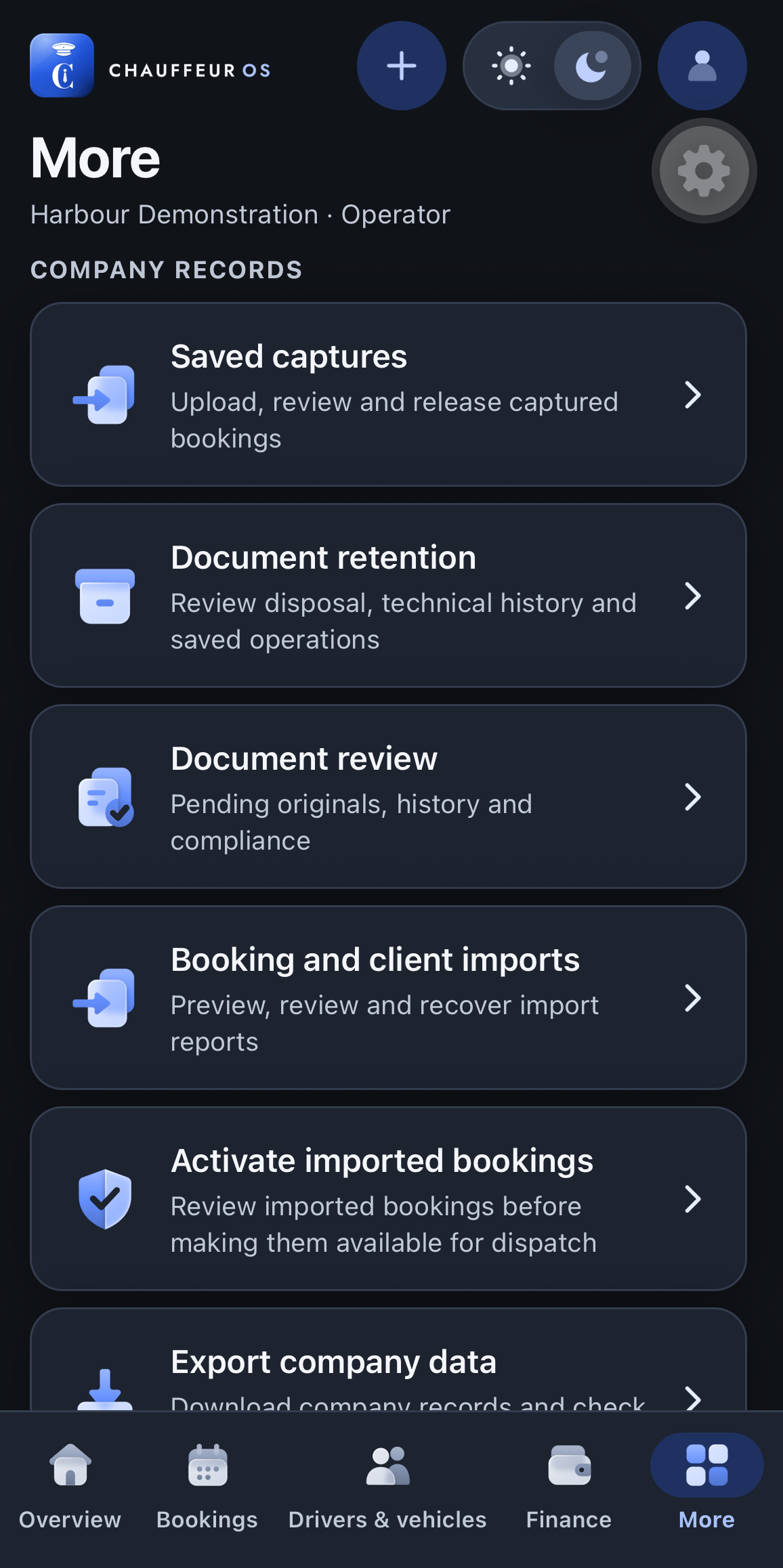 The same actual app More screen in dark appearance, with the same company record controls.