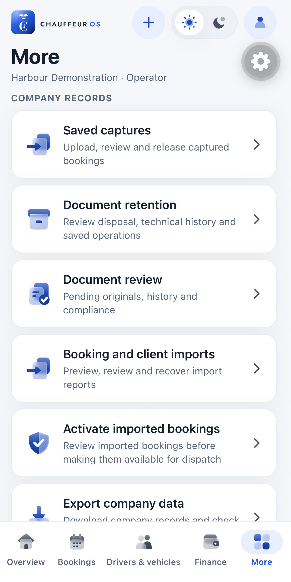 Actual app More screen in light appearance with saved captures, document review and import controls.